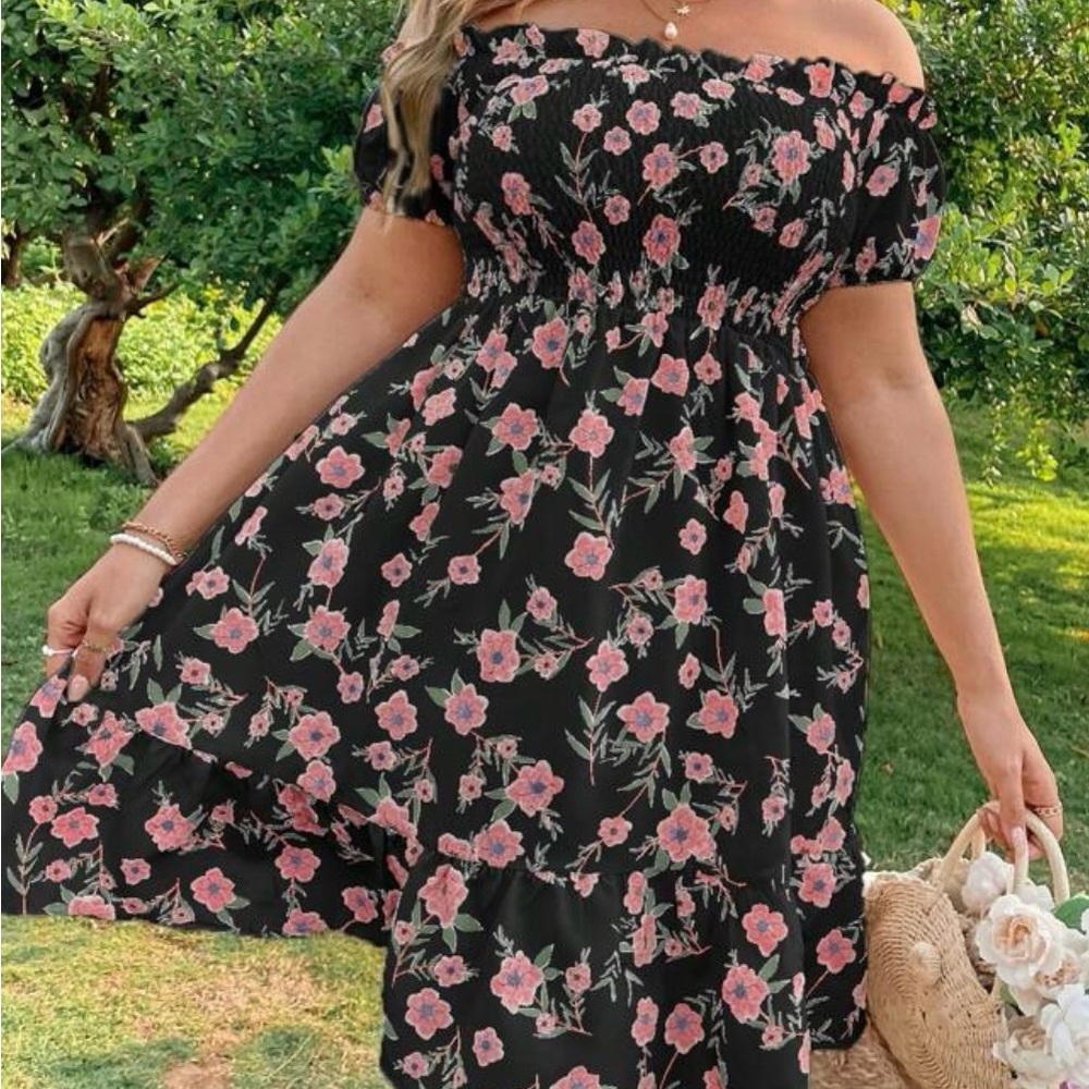 SHEIN Black and Pink Floral Off-Shoulder Midi Dress
